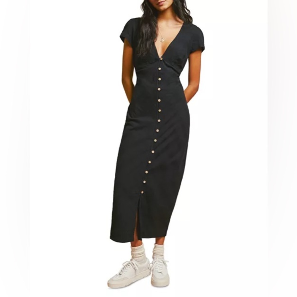 Free People Black Button-Front Midi Dress